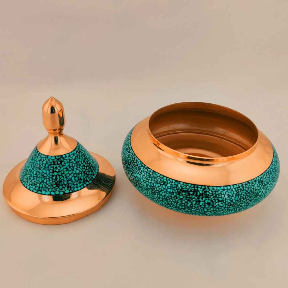 Handcrafted Persian Inlaid Turquoise Copper Sugar Bowl Aram