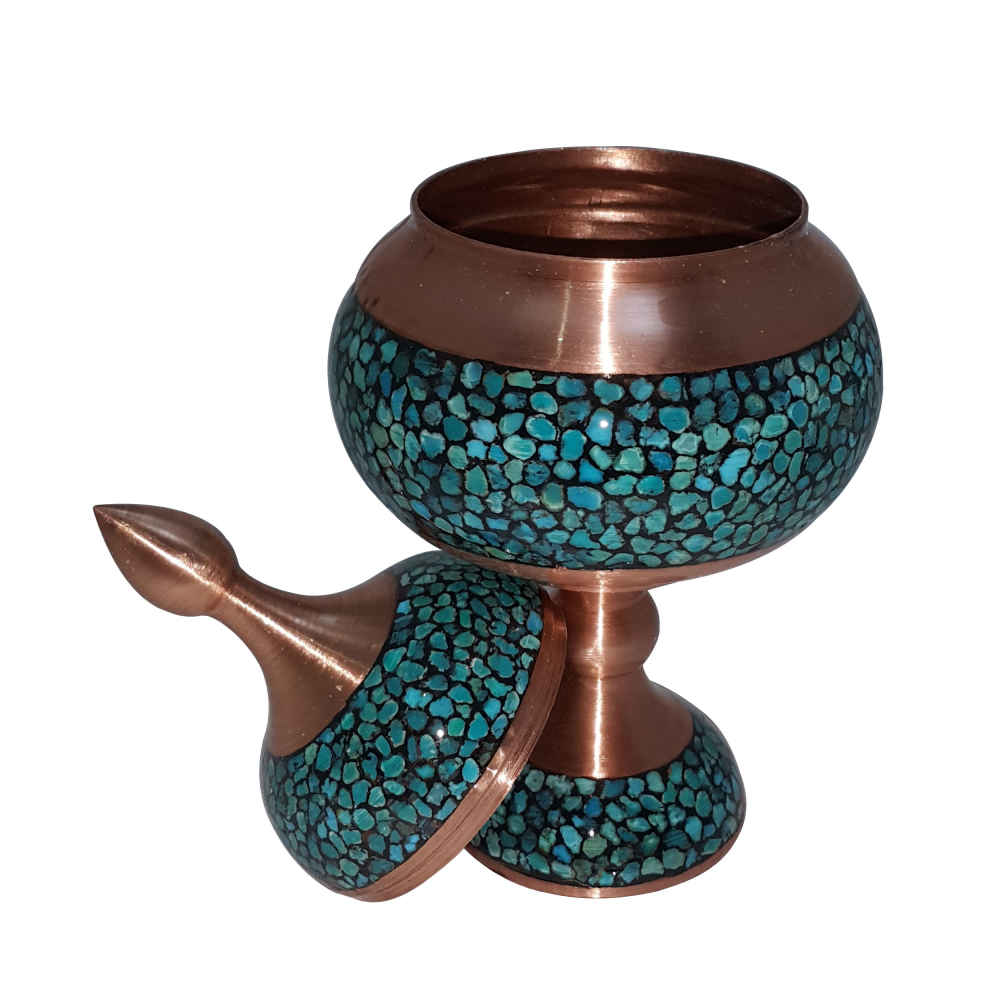 Handcrafted Persian Inlaid Turquoise Copper Sugar Bowl Footed