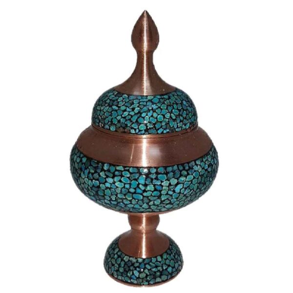Handcrafted Persian Inlaid Turquoise Copper Sugar Bowl Footed