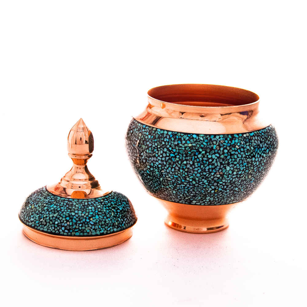 Handcrafted Persian Inlaid Turquoise Copper Sugar Bowl Zarin
