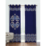 Printed Velvet Eyelet Curtain – Navy Blue