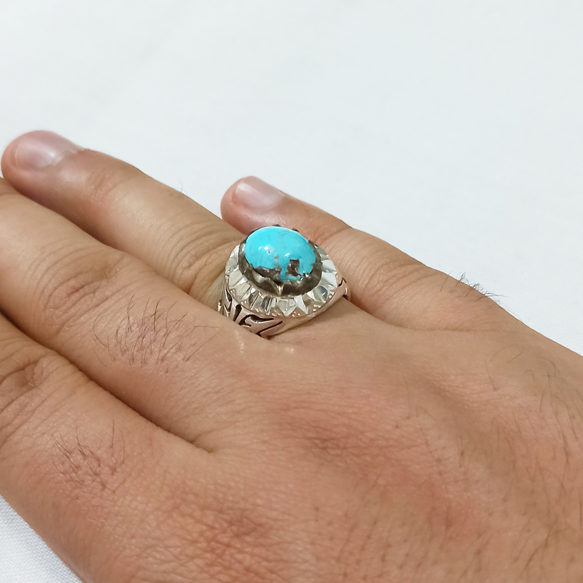 Handcrafted Persian Silver Ring with Neyshabur Turquoise Maham