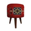 Round Velvet Footstool with Wooden Legs Inspired by Persian Art Red Arsham