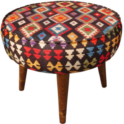 Traditional Persian Footstool with Wooden Legs and Velvet Fabric Tile