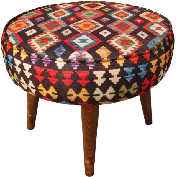 Traditional Red Persian Footstool with Wooden Legs and Velvet Fabric Avash