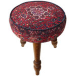 Traditional Red Persian Footstool with Wooden Legs and Velvet Fabric Aylin