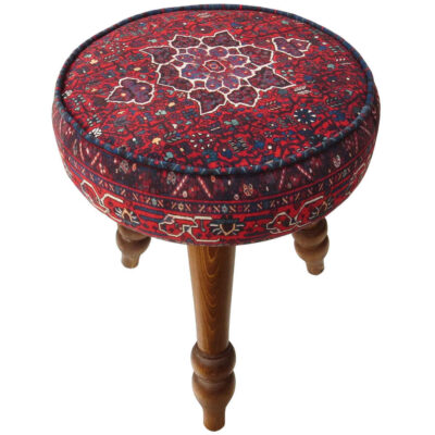 Traditional Red Persian Footstool with Wooden Legs and Velvet Fabric Aylin