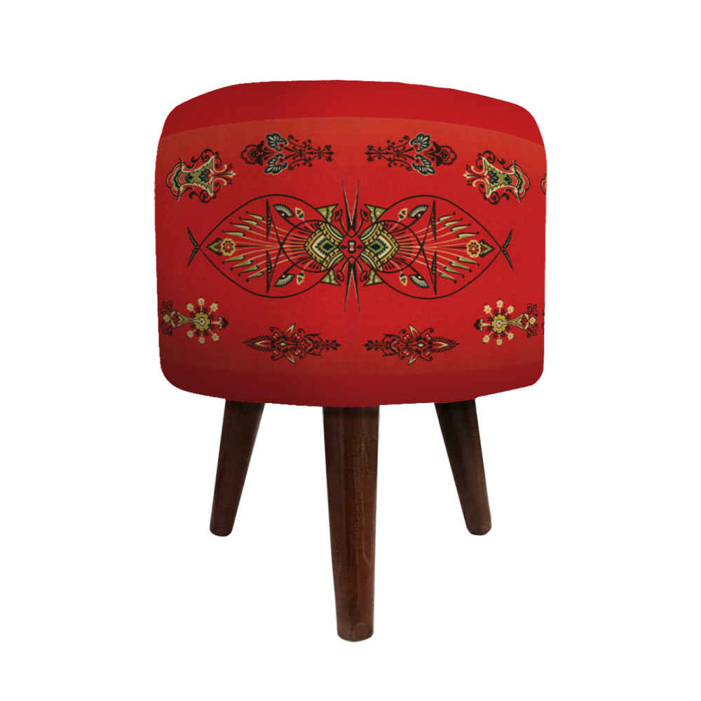 Round Velvet Footstool with Wooden Legs Inspired by Persian Art Red Azar