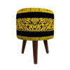 Round Velvet Footstool with Wooden Legs Inspired by Persian Art Yellow Calligraphy
