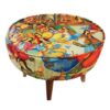 Traditional Persian Footstool with Wooden Legs and Velvet Fabric Pictorial
