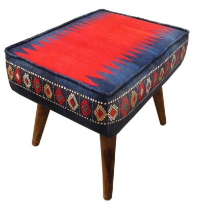 Traditional Persian Footstool with Wooden Legs and Velvet Fabric Navy Blue