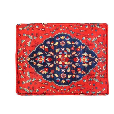 Traditional Red Persian Footstool with Wooden Legs and Velvet Fabric Mona