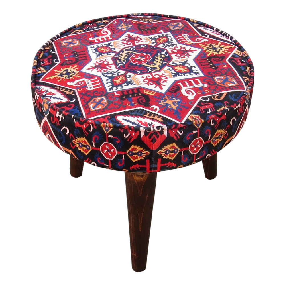 Traditional Persian Footstool with Wooden Legs and Velvet Fabric Raaz