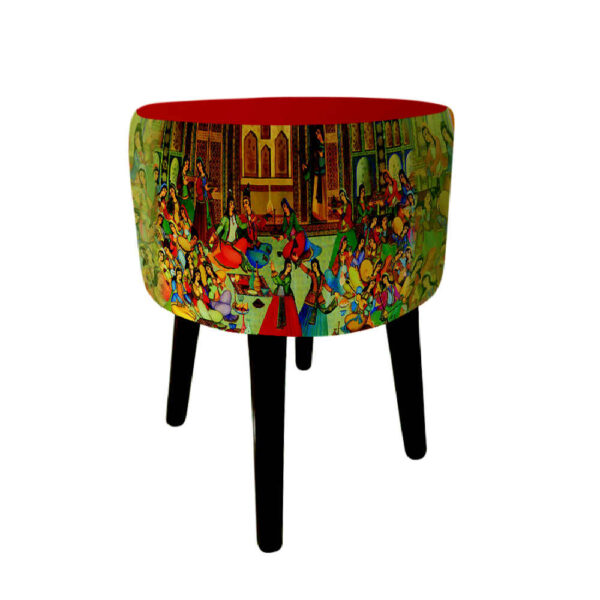 Round Velvet Footstool with Wooden Legs Inspired by Persian Art Red Raghs