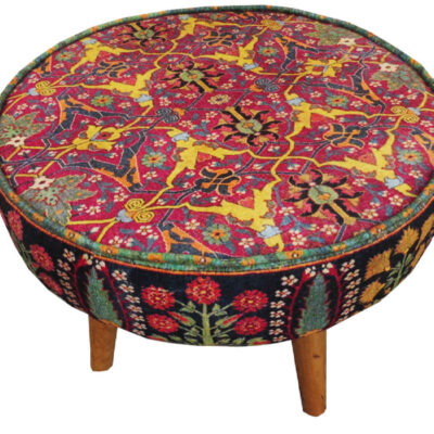 Traditional Red Persian Footstool with Wooden Legs and Velvet Fabric Raya