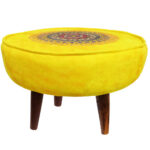 Round Velvet Footstool Inspired by Persian Art Yellow Toranj