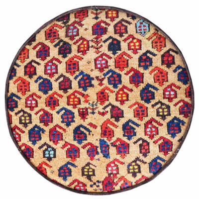 Traditional Red Persian Footstool with Wooden Legs and Velvet Fabric