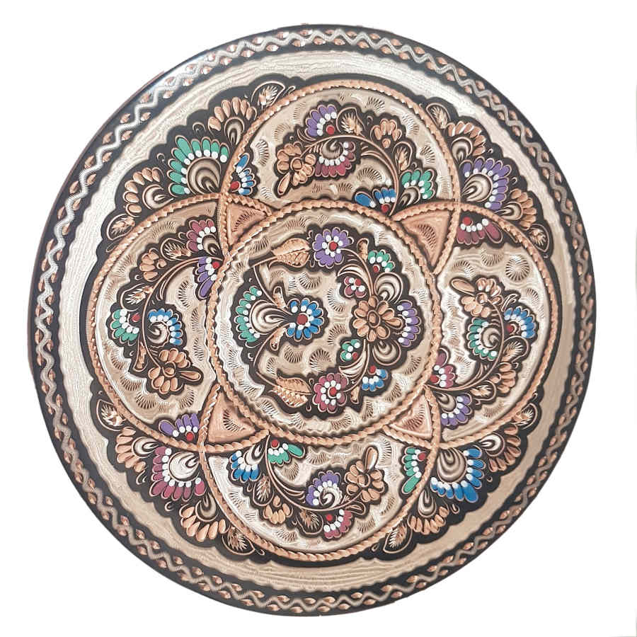 Decorative Copper Plate Hand-Painted with Persian Minakari Enamel Rahil