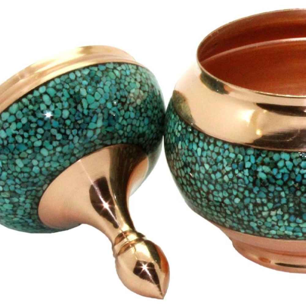 Handcrafted Persian Inlaid Turquoise Copper Sugar Bowl Sana