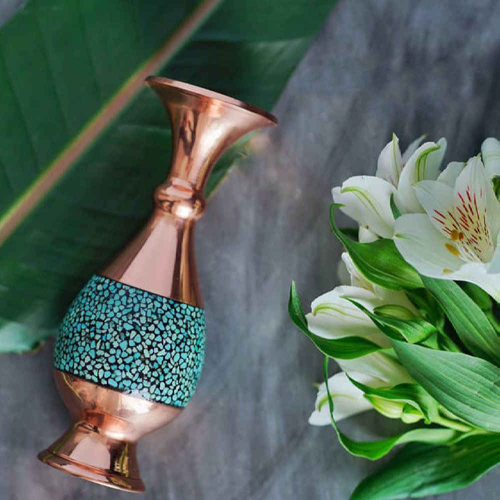 Handcrafted Decorative Persian Inlaid Turquoise Copper Vase Elham