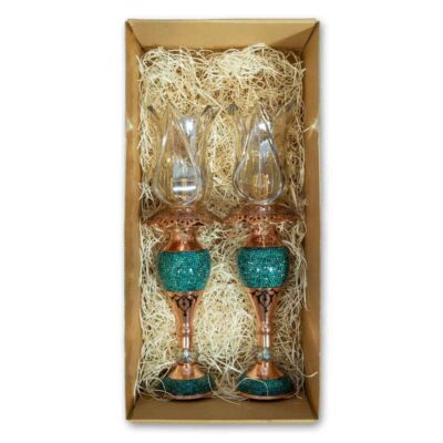 Handcrafted Persian Copper Candlestick – Inlaid Turquoise Design – Helma (2x)