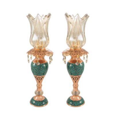 Handcrafted Persian Copper Candlestick – Inlaid Turquoise Design – Helma (2x)