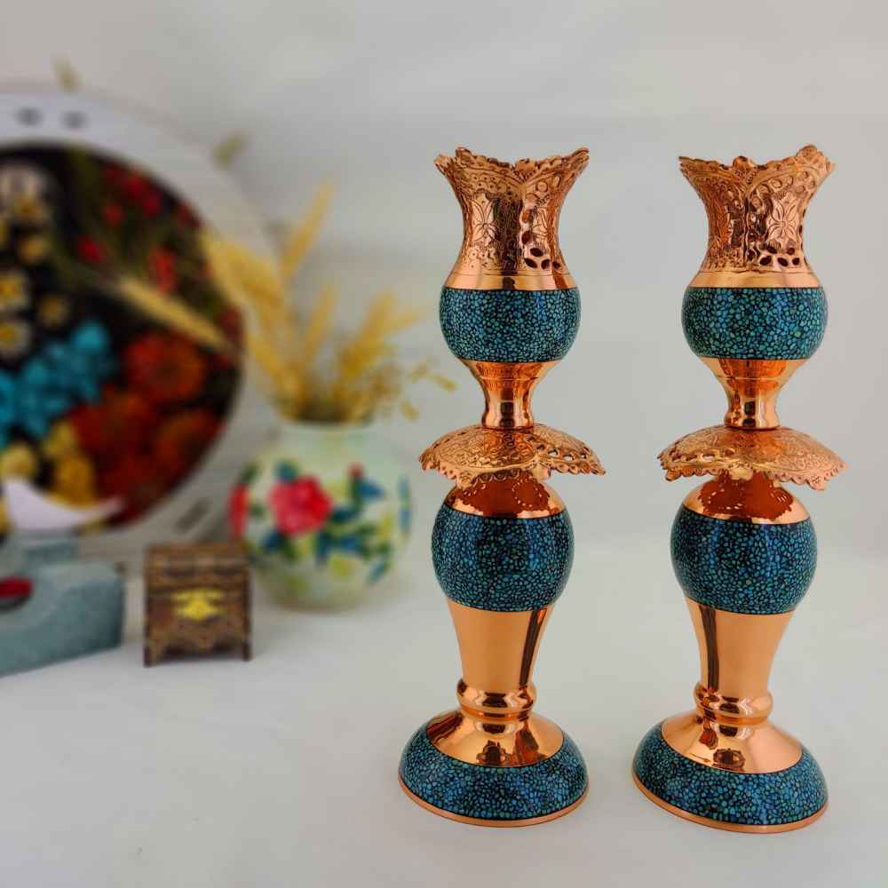 Handcrafted Persian Copper Candlestick – Inlaid Turquoise Design – Razeghi (2x)
