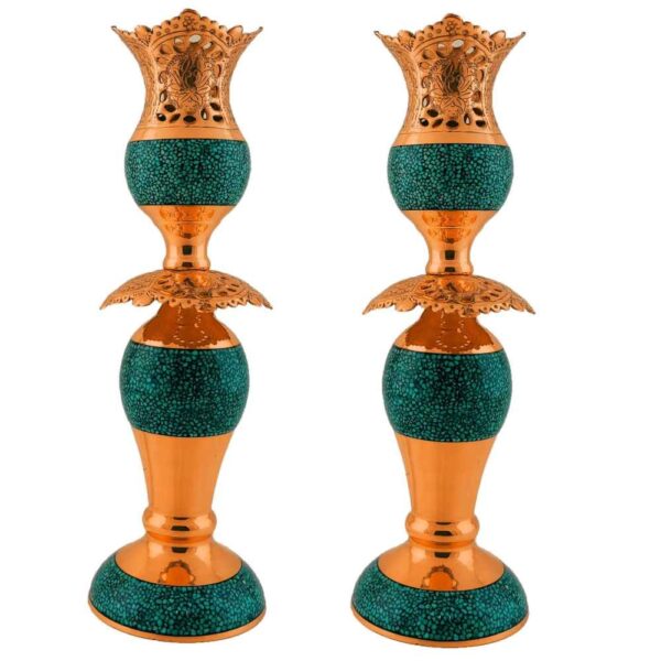 Handcrafted Persian Copper Candlestick - Inlaid Turquoise Design - Razeghi (2x)
