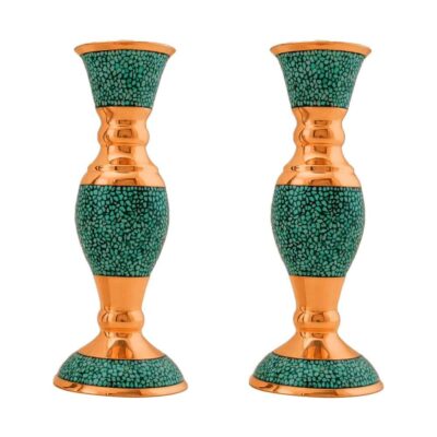 Handcrafted Persian Copper Candlestick – Inlaid Turquoise Design – Sima (2x)