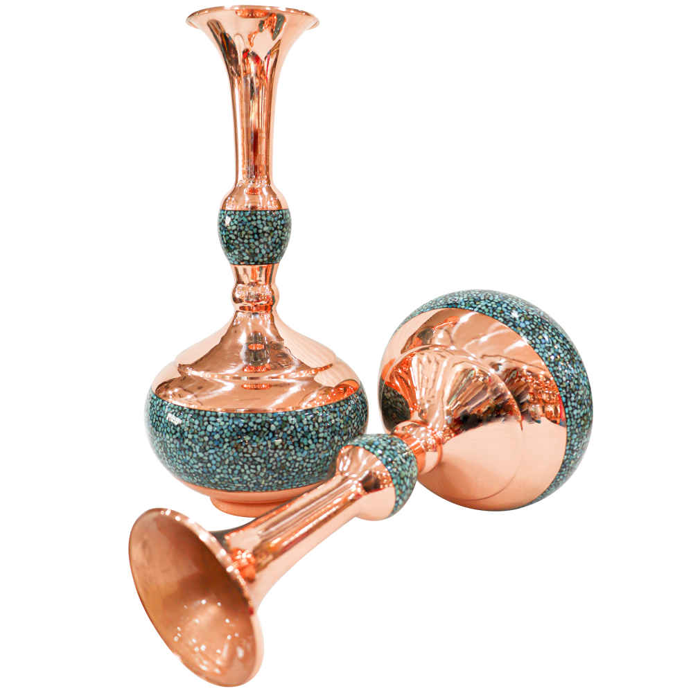 Set of 2 Decorative Persian Inlaid Turquoise Copper Vases Shokoh