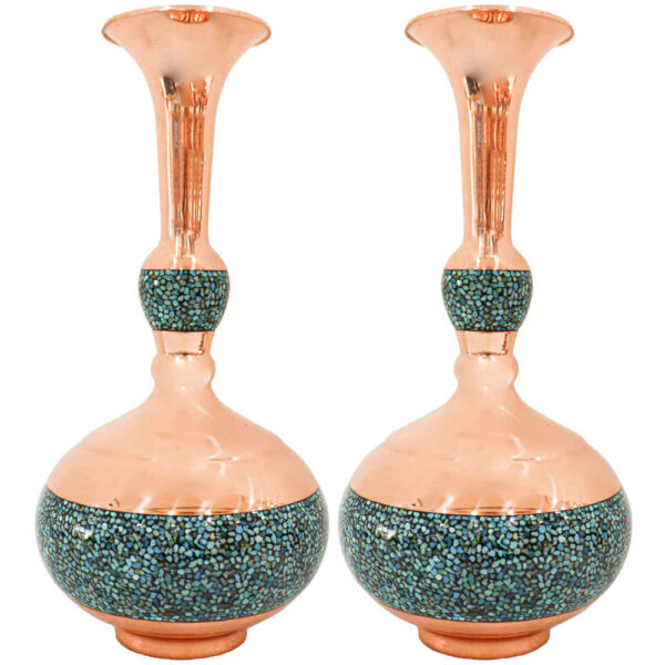 Set of 2 Decorative Persian Inlaid Turquoise Copper Vases Shokoh