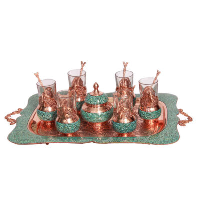Handcrafted Persian Copper Tea & Coffee Set – Inlaid Turquoise Elina