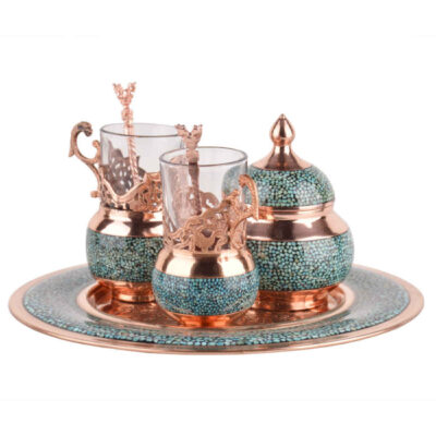 Handcrafted Persian Copper Tea & Coffee Set – Inlaid Turquoise Farima