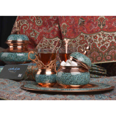 Handcrafted Persian Copper Tea & Coffee Set – Inlaid Turquoise Farima