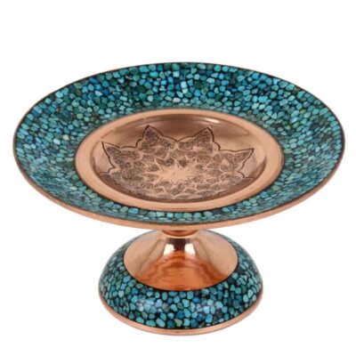 Pedestal Turquoise Inlay Copper Dish Model Sayeh