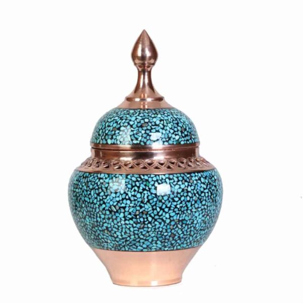 Handcrafted Persian Inlaid Turquoise Copper Sugar Bowl Moshabak