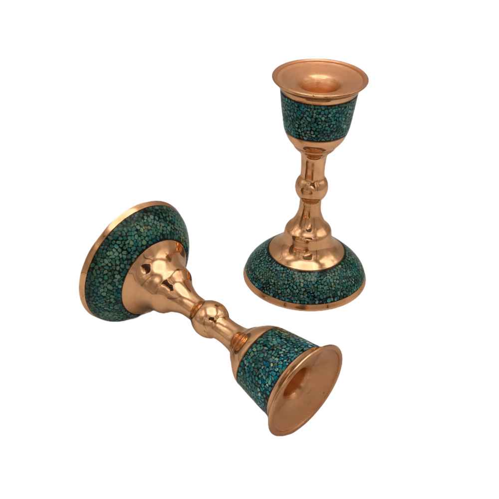 Handcrafted Persian Copper Candlestick – Inlaid Turquoise Design – Laleh (2x)