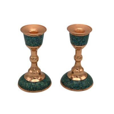 Handcrafted Persian Copper Candlestick – Inlaid Turquoise Design – Laleh (2x)
