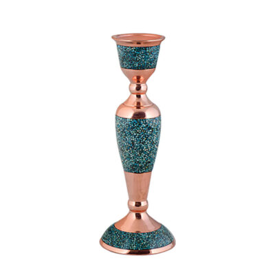 Handcrafted Persian Copper Candlestick – Inlaid Turquoise Design – Sahra