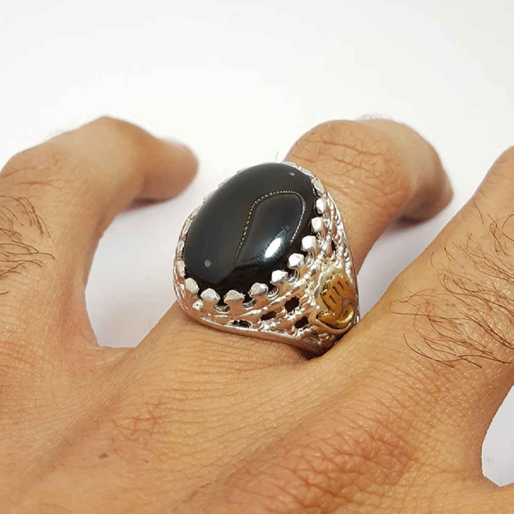 Persian Yemeni Aqeeq Silver Ring for Men Black