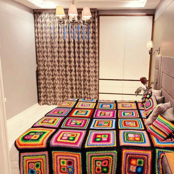 Cotton Crochet Bedspread – Modern Afghan Style Colorful Blanket – Taban