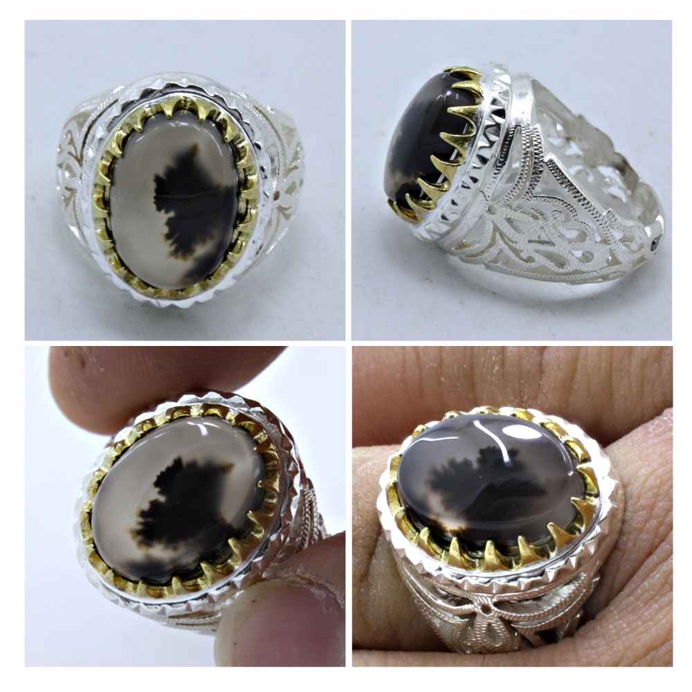 Persian Dendritic Agate Shajar Silver Ring for Men Bahman