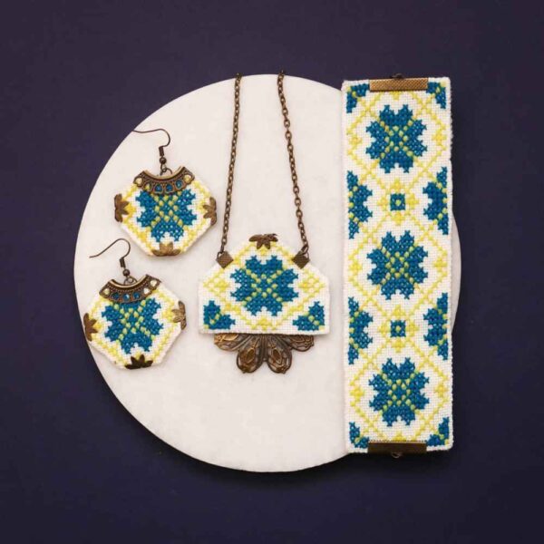 Persian Embroidered Necklace, Bracelet & Earrings Set Lemon