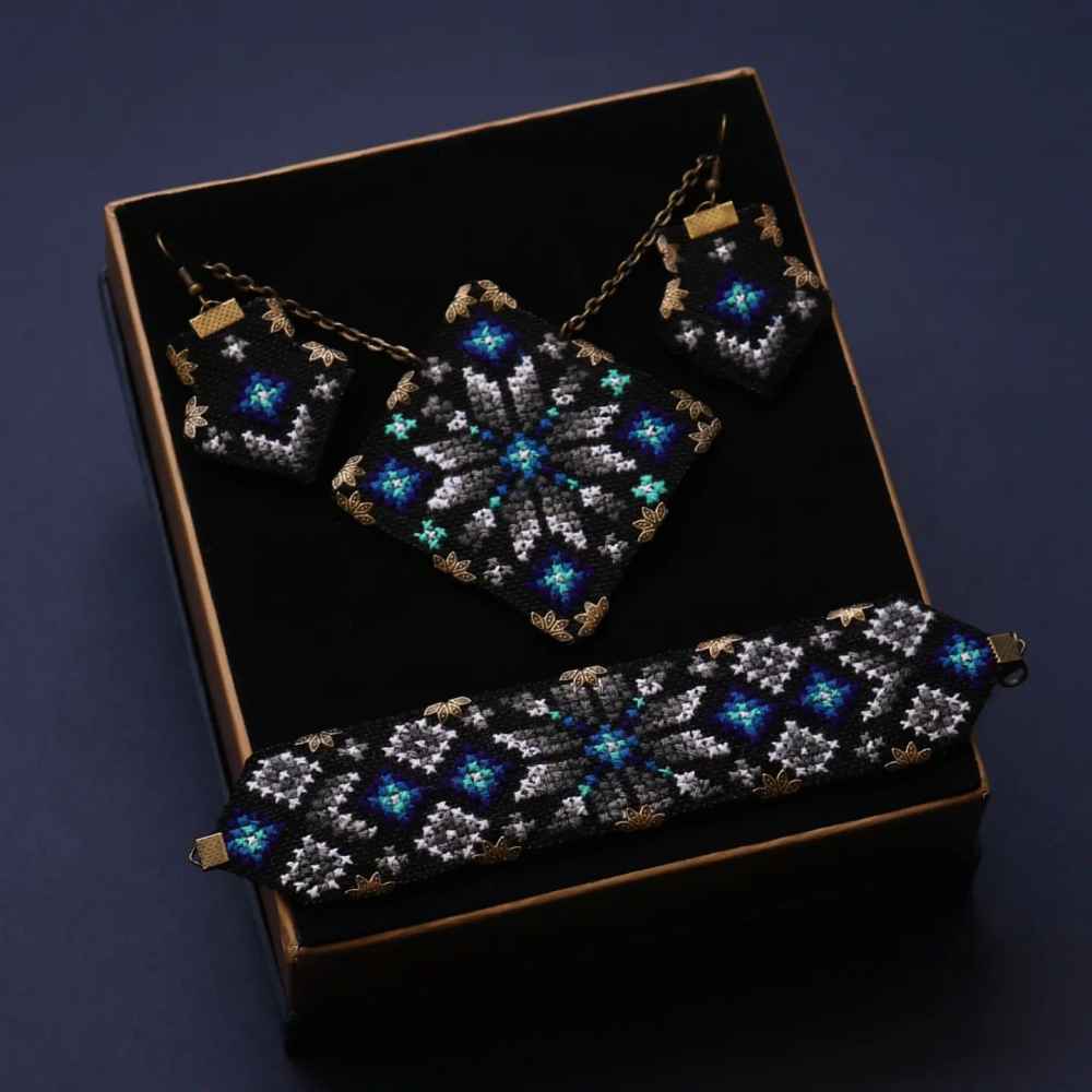 Persian Embroidered Necklace, Bracelet & Earrings Set Rana