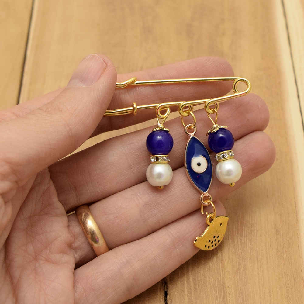 Safety Pin Brooch Evil Eye & Bird Charm – Protective Accessory