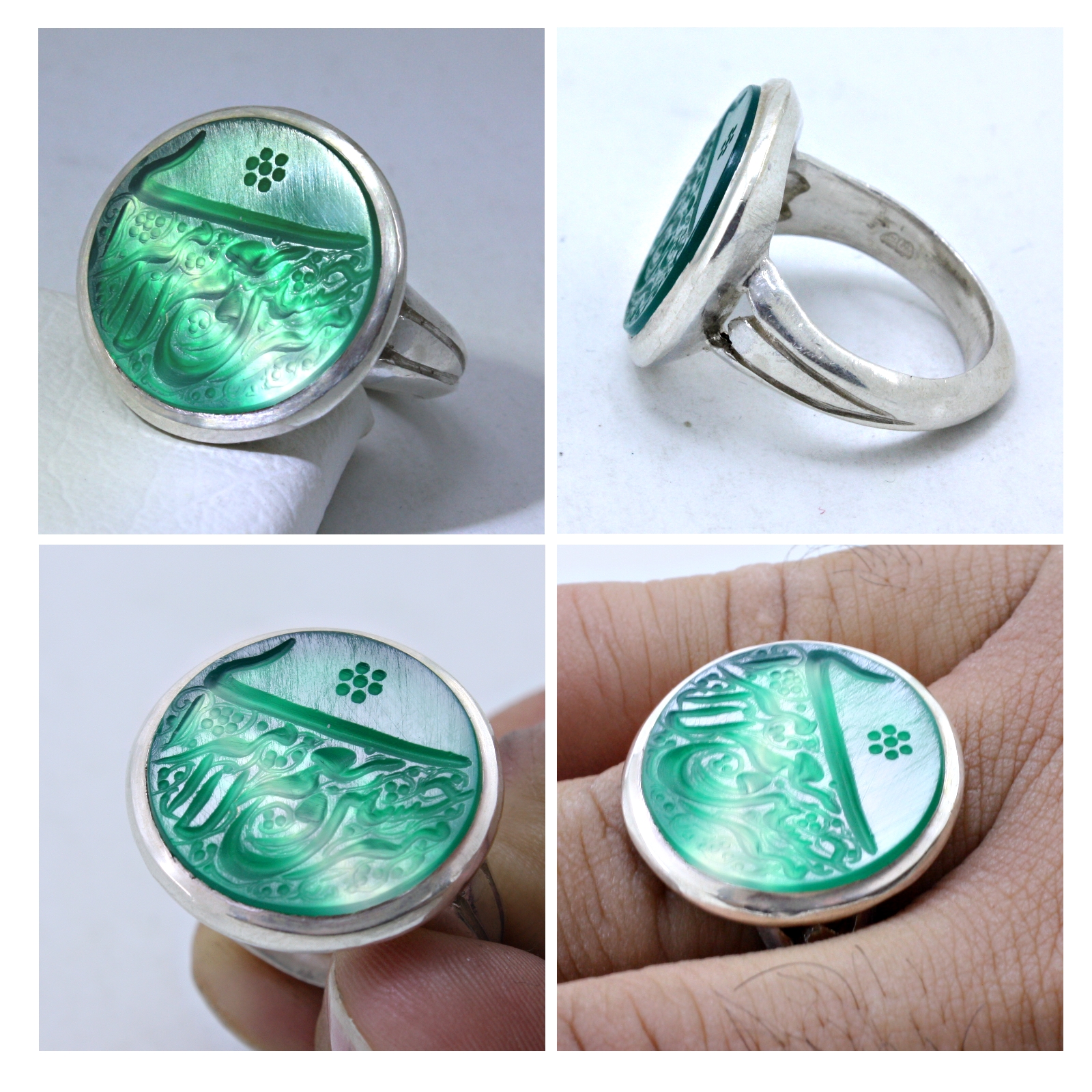 Islamic Yemeni Aqeeq Silver Ring for Men Green