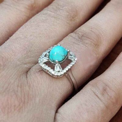 Handcrafted Persian Silver Ring with Neyshabur Turquoise Fatima