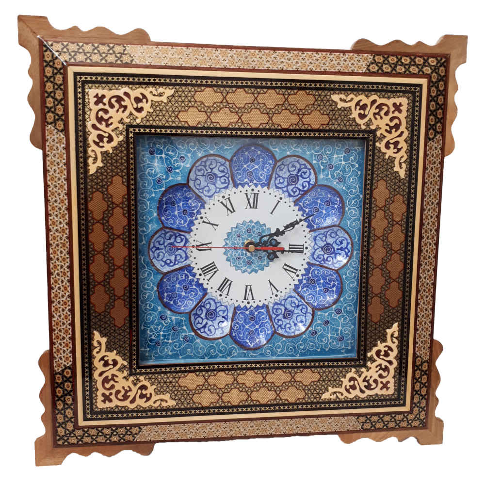 Handcrafted Persian Wooden Wall Clock - Khatam Marquetry Art, Bina