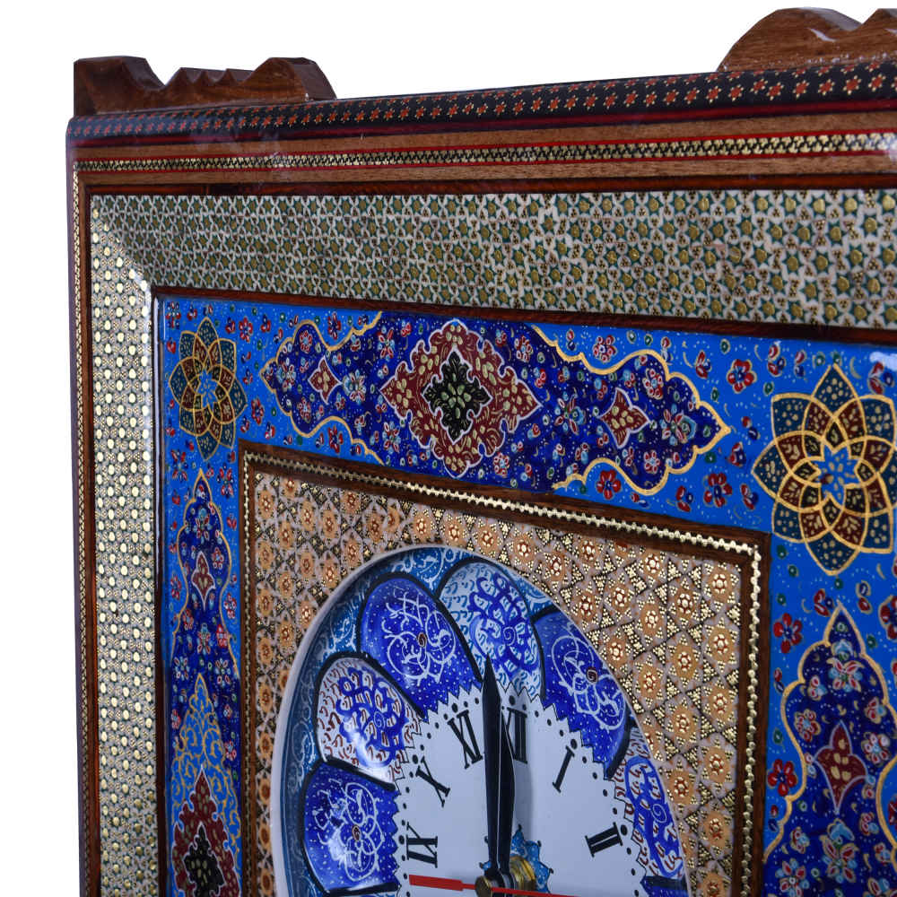 Handcrafted Persian Wooden Wall Clock – Khatam Marquetry Art, Diba