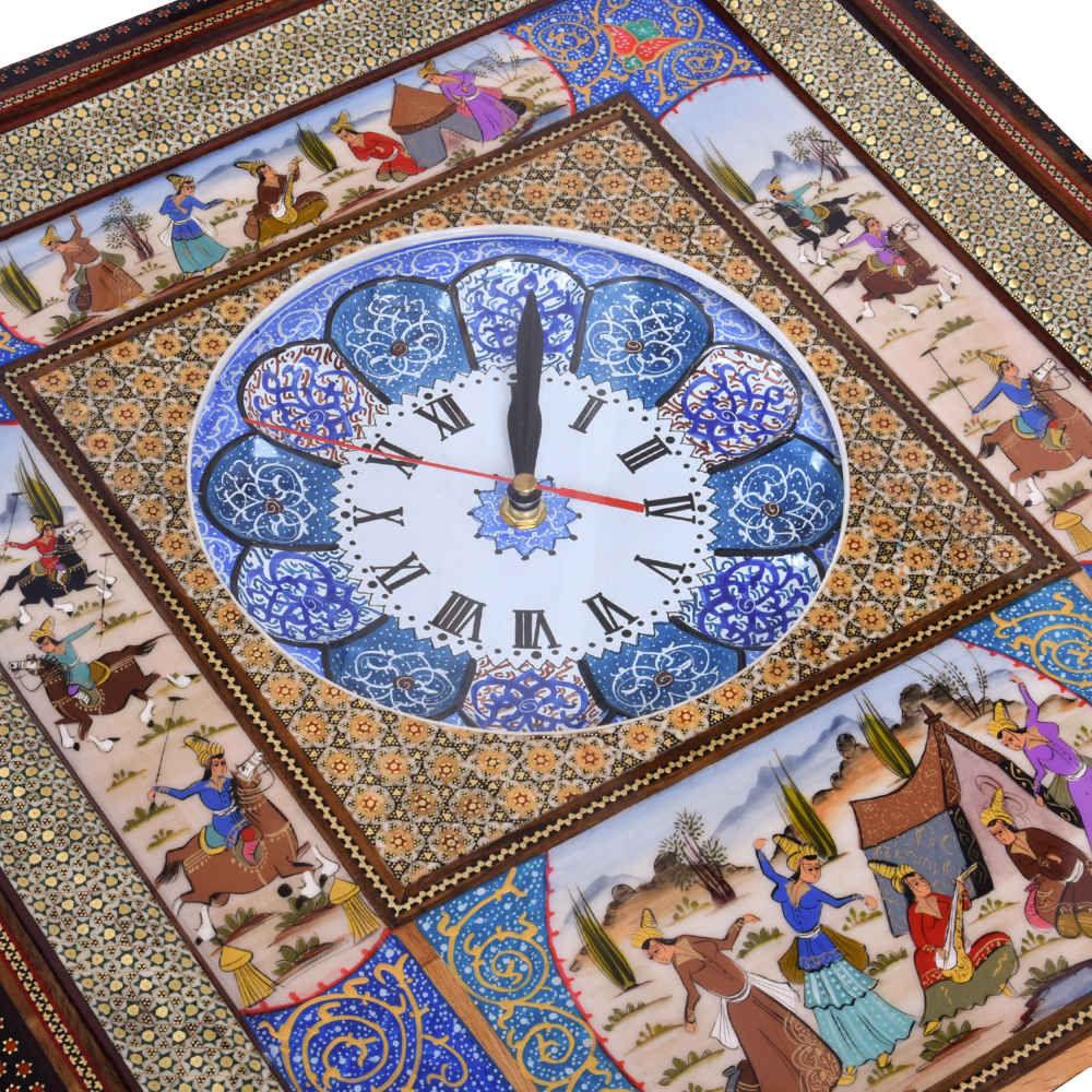 Handcrafted Persian Wooden Wall Clock – Khatam Marquetry Art, Majles